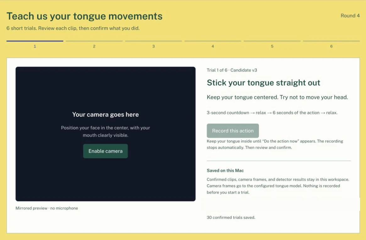 Guided recorder with six trial steps, an empty camera preview, the centered tongue prompt, and the countdown and review instructions.